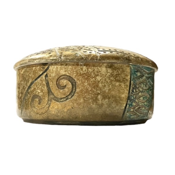 Decorative Ceramic Round Trinket Box Jar Aged Gold Green Ornate Ring Dish 5” - Picture 4 of 5